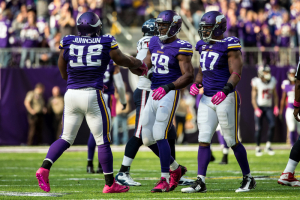 Minnesota Vikings defensive end Danielle Hunter (99) celebrates with defensive end Everson Griffen (97) and defensive tackle Tom Johnson (92) during the fourth quarter against the Houston Texans at U.S. Bank Stadium. The Vikings defeated the Texans 31-13.  <br/>Brace Hemmelgarn-USA TODAY Sports