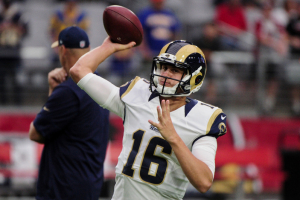 Los Angeles Rams quarterback Jared Goff (16) warms up prior to the game against the Arizona Cardinals at University of Phoenix Stadium.  <br/>Matt Kartozian-USA TODAY Sports