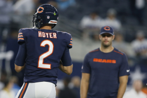 Chicago Bears quarterback Brian Hoyer (2) throws a pass while quarterback Jay Cutler (R) looks on before the game against the Dallas Cowboys at AT&T Stadium.  <br/>Tim Heitman-USA TODAY Sports