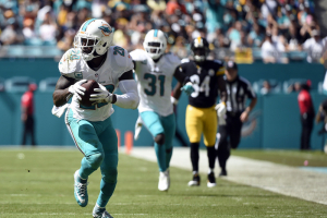 Miami Dolphins free safety Reshad Jones (20) carries the ball after making an interception catch during the first half against the Pittsburgh Steelers at Hard Rock Stadium.  <br/>Mandatory Credit: Steve Mitchell-USA TODAY Sports