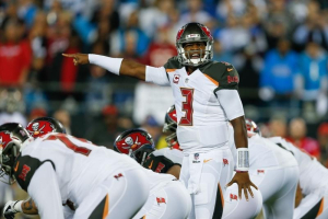 Tampa Bay Buccaneers quarterback Jameis Winston (3) calls a play in the first quarter against the Carolina Panthers at Bank of America Stadium.  <br/>Mandatory Credit: Jeremy Brevard-USA TODAY Sports
