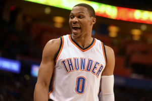 Oklahoma City Thunder guard Russell Westbrook (0) reacts to a play against the Denver Nuggets during the second quarter at Chesapeake Energy Arena.  <br/>Mark D. Smith-USA TODAY Sports