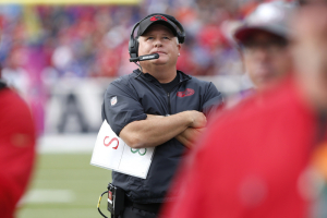 San Francisco 49ers head coach Chip Kelly watches play during the first half against the Buffalo Bills at New Era Field.  <br/>Kevin Hoffman-USA TODAY Sports
