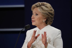 Hillary Clinton speaks. October 19, 2016 09:35pm EDT<br />
<br />
 <br/>Reuters/Mike Blake 