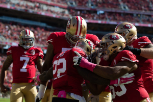 San Francisco 49ers running back Mike Davis (22) celebrates with teammates after scoring a touchdown against the Tampa Bay Buccaneers during the first quarter at Levi's Stadium.  <br/>Mandatory Credit: Kelley L Cox-USA TODAY Sports