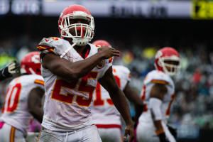 Kansas City Chiefs running back Jamaal Charles (25) celebrates scoring a touchdown against the Oakland Raiders during the second quarter at Oakland Coliseum.  <br/>Kelley L Cox-USA TODAY Sports