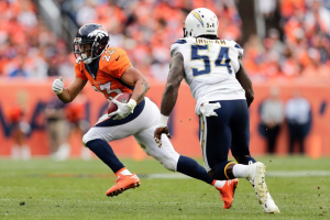 Denver Broncos running back Devontae Booker (23) runs the ball against San Diego Chargers outside linebacker Melvin Ingram (54) in the fourth quarter at Sports Authority Field at Mile High. The Broncos won 27-19.  <br/>Isaiah J. Downing-USA TODAY Sports