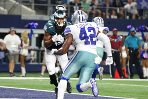 Philadelphia Eagles receiver Jordan Matthews (81) catches a third quarter touchdown against Dallas Cowboys safety Barry Church (42) at AT&T Stadium.  <br/>Mandatory Credit: Matthew Emmons-USA TODAY Sports
