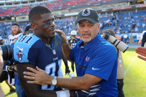 Tennessee TItans receiver Andre Johnson (81) and Indianapolis Colts head coach Chuck Pagano after a Colts win at Nissan Stadium. The Colts won 34-26.  <br/>Christopher Hanewinckel-USA TODAY Sports
