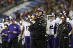 Minnesota Vikings head coach Mike Zimmer watches his team play against the Chicago Bears during the first half at Soldier Field.  <br/>Kamil Krzaczynski-USA TODAY Sports