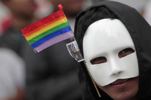 A masked member of the Lesbian, Gay, Bisexual and Transgender (LGBT) community, bearing the rainbow flag, looks on during the XII Parade of Sexual Diversity June 23, 2012. <br />
 <br/>Reuters/Jorge Dan Lopez