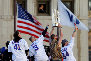 Chicago Cubs celebrate winning the team's first World Series in 108 years during a victory parade in Chicago, Illinois, U.S., November 4, 2016. REUTERS/Frank Polich <br/>