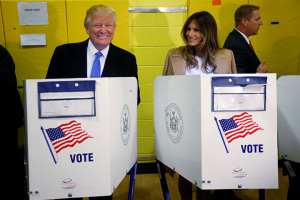 Republican presidential nominee Donald Trump and his wife Melania Trump vote at PS 59 in New York, New York, U.S. November 8, 2016. REUTERS/Carlo Allegri <br/>