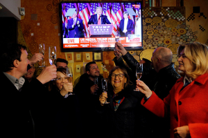 Residents celebrate during the U.S. presidential election in Melania Trump's hometown of Sevnica, Slovenia November 9, 2016. REUTERS/Srdjan Zivulovic <br/>