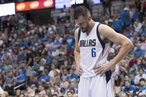 Dallas Mavericks center Andrew Bogut (6) looks down during the second half against the Houston Rockets at the American Airlines Center. The Rockets defeat the Mavericks 106-98.  <br/>Mandatory Credit: Jerome Miron-USA TODAY Sports