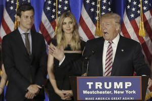 Republican U.S. presidential candidate Donald Trump speaks as his son-in-law Jared Kushner (L), daughter Ivanka listen at a campaign event at the Trump National Golf Club Westchester in Briarcliff Manor, New York, U.S., June 7, 2016. REUTERS/Mike Segar/File Photo <br/>