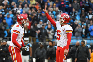 Kansas City Chiefs kicker Cairo Santos (5) celebrates with punter Dustin Colquitt (2) after kicking the game winning field goal at the end of the fourth quarter. The Chiefs defeated the Panthers 20-17 at Bank of America Stadium.  <br/>Bob Donnan-USA TODAY Sports