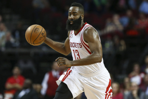 Houston Rockets guard James Harden (13) dribbles the ball up court during the first quarter against the Philadelphia 76ers at Toyota Center.  <br/>Troy Taormina-USA TODAY Sports