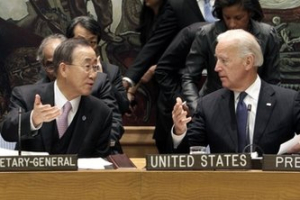 United Nations Secretary-General Ban Ki-moon, left, and U.S. Vice President Joe Biden talk in the United Nations Security Council before a meeting at U.N. headquarters, Wednesday, Dec. 15, 2010. <br/>AP Images
