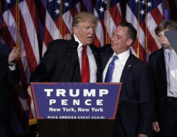 Donald Trump and Reince Priebus address supporters during his election night rally. <br />
<br />
 <br/>Reuters/Mike Segar