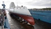The USS Zumwalt as it was being released from the manufacturing facility in Maine. 