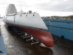 The USS Zumwalt as it was being released from the manufacturing facility in Maine. 