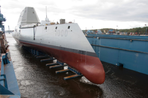 The USS Zumwalt as it was being released from the manufacturing facility in Maine.  <br/>CNN.