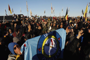 Protesters celebrating after federal officials denied permit to the Dakota Access Pipeline. <br/>Twitter