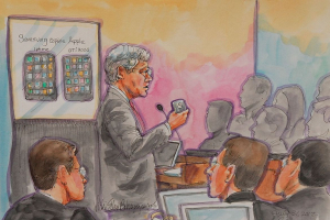 One court drawing of the Apple vs. Samsung landmark case.  <br/>CNET. 