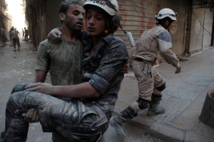 White Helmets, a volunteer rescue group working on the ground.  <br/>White Helmets. 