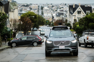 A Volvo XC90 with Uber's lidar helping it ferry passengers around autonomously. <br/>Uber