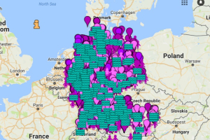 Map showing incidences of sexual assault (purple), rape (pink) and sexual assault in swimming pools (green lines) in Germany. <br/>XYEinzelfall