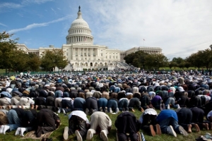 Muslims gather to pray on the East Front of the Capitol in Washington, Friday, Sept. 25, 2009, in Washington, D.C. <br/>AP/Evan Vucci