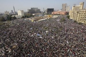 The crowd gathers in Tahrir, or Liberation, Square in Cairo, Egypt, Tuesday, Feb. 1, 2011. Tens of thousands of people flooded into the heart of Cairo Tuesday, filling the city's main square as a call for a million protesters was answered by the largest demonstration in a week of unceasing demands for President Hosni Mubarak to leave after nearly 30 years in power. <br/>AP Images / Khalil Hamra