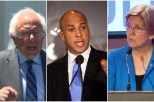 Sens. Corey Booker (D-NJ), shown here in middle, introduced a new Senate Bill that would prevent president-elect Donald Trump from creating a federal religious registry. Booker was joined by Bernie Sanders (I-VT), on left, Elizabeth Warren (D-MA), on right, and other Democrats to prohibit the U.S. federal government from creating, or Congress from funding, any program that would have the effect of requiring people to register or be judged based on how they pray.  <br/>Politicus USA
