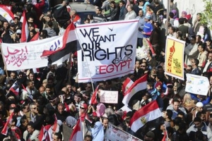 Thousands of Egyptian anti-government protesters march Alexandria, Egypt, Friday, Feb. 11, 2011. <br/>AP/ Tarek Fawzy