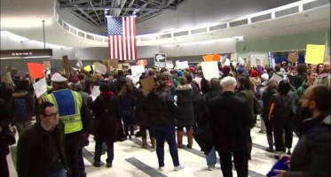 Protesters are flooding the Philadelphia International Airport on Sunday (Jan. 29, 2017) after two Christian families from Syria were turned away Saturday due to President Donald Trump's new immigration policy and ban from seven, certain countries, including Syria. The two families reportedly were working since 2003 to come to the United States, and their U.S. relatives said they had paid for and had earned their visas. <br/>Fox 29