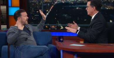 The Late Show with Stephen Colbert host (shown on right) went head-to-head with British comedian Ricky Gervais on the subject of religion. Gervais is well-known for his outspoken atheism so they discussed the existence of God.<br />
<br />
 <br/>The Late Show