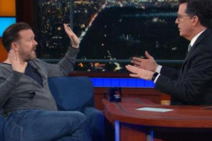 The Late Show with Stephen Colbert host (shown on right) went head-to-head with British comedian Ricky Gervais on the subject of religion. Gervais is well-known for his outspoken atheism so they discussed the existence of God.<br />
<br />
 <br/>The Late Show