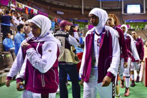 Qatar's women's basketball team left the court after refusing to abide by international regulations preventing them from wearing hijabs and thus forfeiting their women's basketball game against Mongolia at Hwaseong Sports Complex during the 17th Asian Games in Incheon September 24, 2014.  <br/>Reuters / Kim Kyung-Min/Sports Chosun