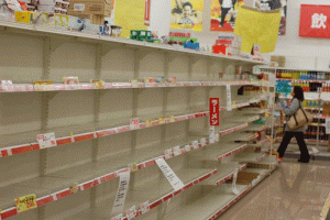 Empty store shelves at a grocery store in Tokyo following the 8.9-magnitude earthquake that rocked Japan on March 11, 2011. <br/>CRASH