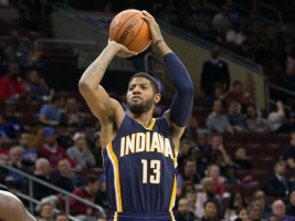 Indiana Pacers forward Paul George (No. 13) shoots a jump shot during a game.  <br/>Bill Streicher-USA TODAY Sports / Reuters