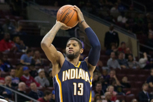 Indiana Pacers forward Paul George (No. 13) shoots a jump shot during a game.  <br/>Bill Streicher-USA TODAY Sports / Reuters