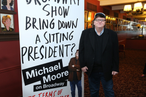 Filmmaker Michael Moore makes an announcement about his debut on Broadway at Sardi's on May 1, 2017 in New York City. He is also working on a new documentary centered on President Donald Trump titled “Fahrenheit 11/9.