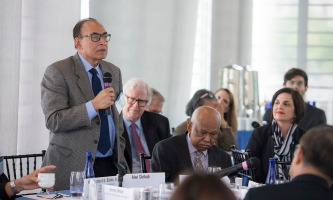 Alwi Shihab, the Indonesian president’s special envoy to the Middle East and OIC and former minister of foreign affairs, answers a question at the roundtable discussion “Indonesia:  A model for the Muslim world” hosted by the Religious Freedom & Business Foundation at the Newseum in Washington, D.C., on Thursday, April 27, 2017.   <br/>Newseum/Maria Bryk