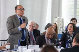 Alwi Shihab, the Indonesian president’s special envoy to the Middle East and OIC and former minister of foreign affairs, answers a question at the roundtable discussion “Indonesia:  A model for the Muslim world” hosted by the Religious Freedom & Business Foundation at the Newseum in Washington, D.C., on Thursday, April 27, 2017.   <br/>Newseum/Maria Bryk
