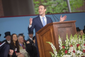 During the Afternoon Program at the 366th Commencement, Mark Zuckerberg, Commencement Speaker, gives an address to the Annual Meeting of the Harvard Alumni Association at the Tercentenary Theatre. Kris Snibbe/Harvard Staff Photographer   <br/>Facebook/Harvard University