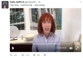 Kathy Griffin apologizes for the Trump decapitation stunt used in her comedy show, which was severely rebuked by even the fiercest Trump critics.  <br/>