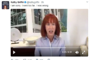 Kathy Griffin apologizes for the Trump decapitation stunt used in her comedy show, which was severely rebuked by even the fiercest Trump critics.  <br/>
