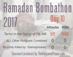 10 days into Ramadan and close to 600 people have been brutally murdered in 55 attacks by Muslims. <br/>TheReligionOfPeace.com